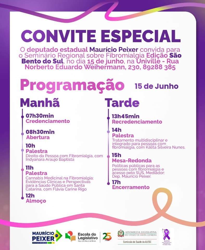 Seminário Regional sobre Fibromialgia será realizado em São Bento do Sul no dia 15 de junho - primeira página sc